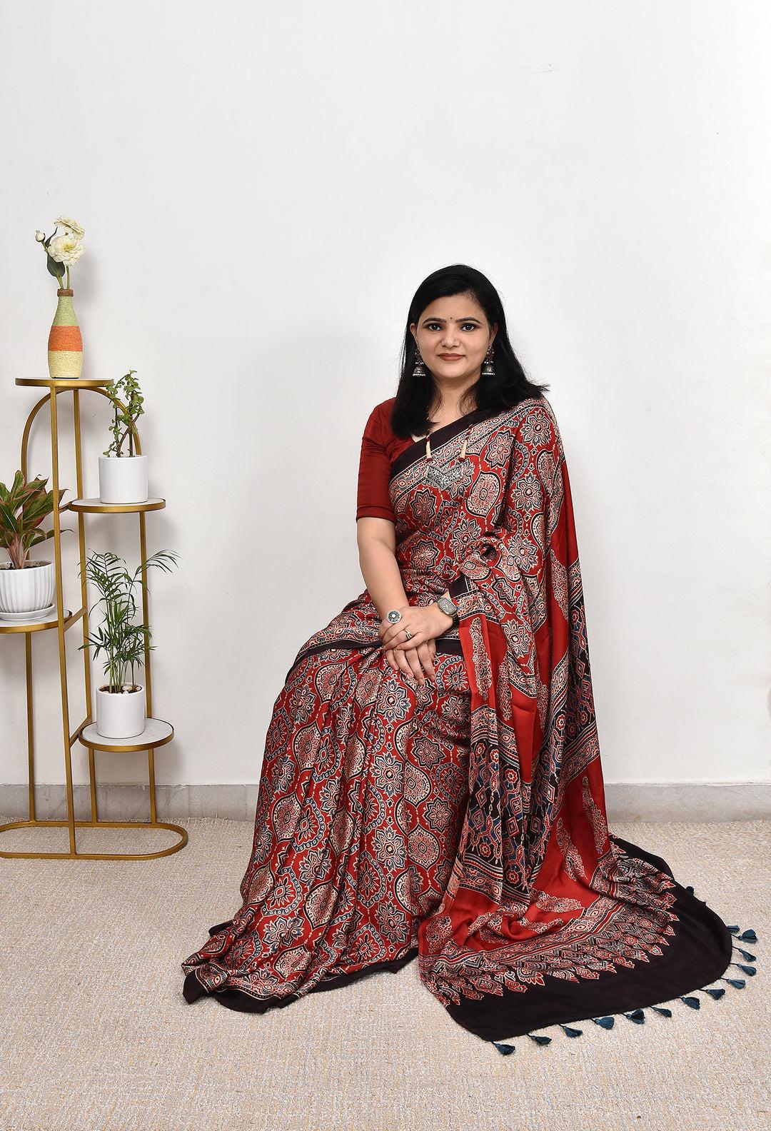 Heritage Ajrakh Pure Gajji Crepe Silk Saree